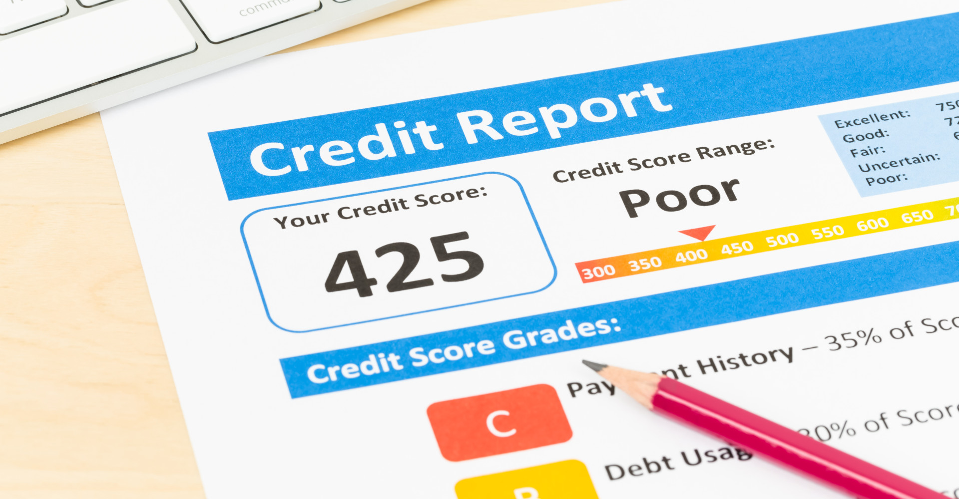 Poor credit score report with pen and keyboard