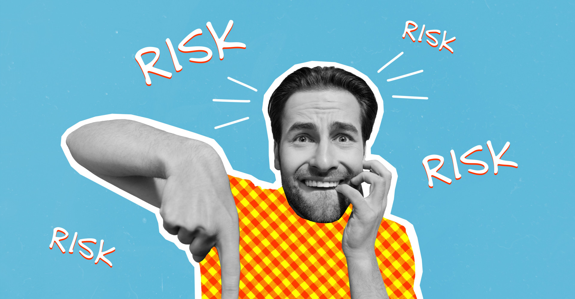 Banner poster collage of afraid worker man browsing internet using computer fear press key scam virus danger fraud concept