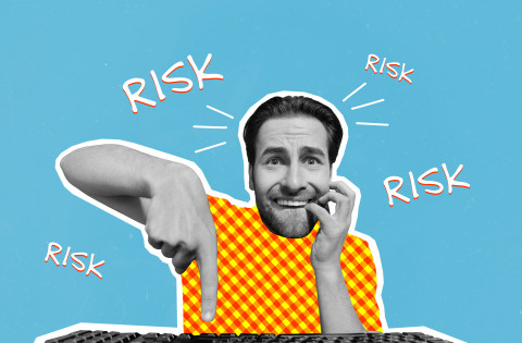 Banner poster collage of afraid worker man browsing internet using computer fear press key scam virus danger fraud concept